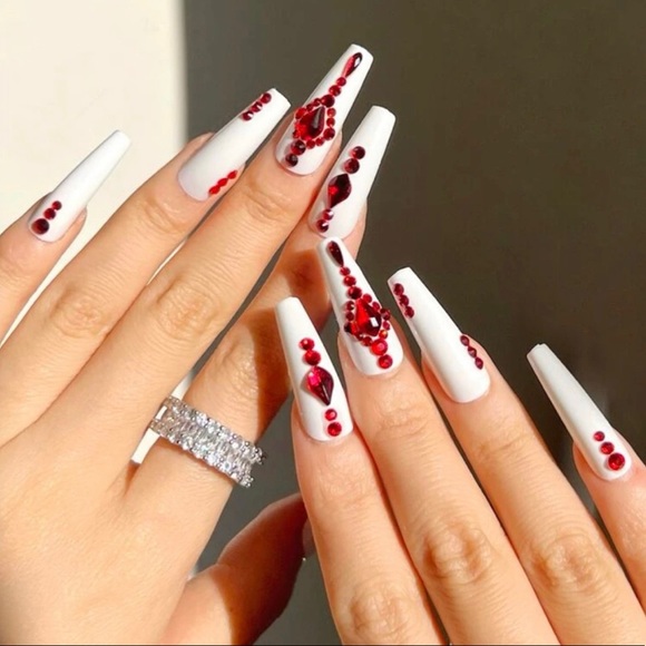 Red Crystals Design White Press On Nails